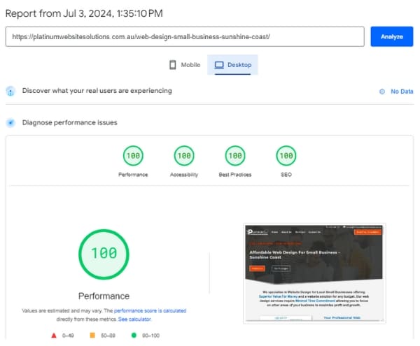 Platinum Website Solutions Fast Desktop Performance on google page speed insights