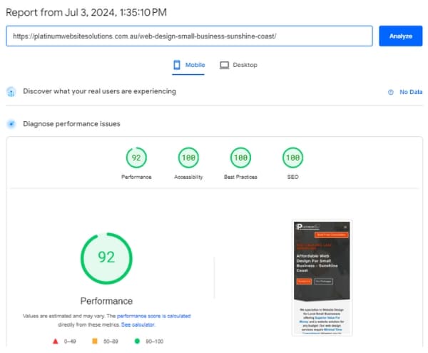 Platinum Website Solutions Fast Mobile Performance on google page speed insights