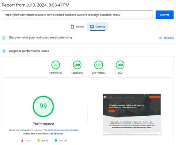 Platinum Website Solutions Fast Desktop Performance on google page speed insights