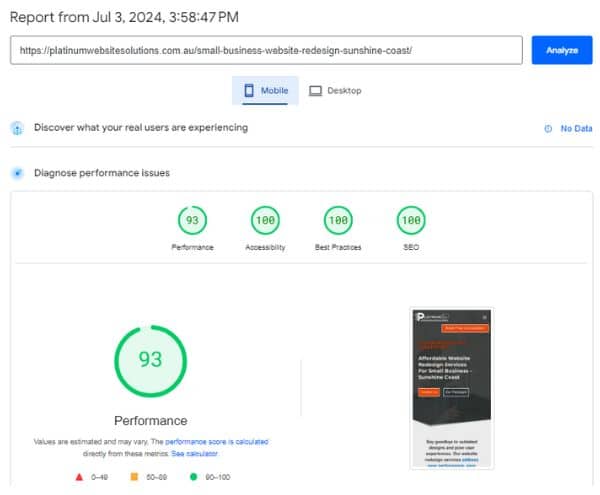 Platinum Website Solutions Fast Mobile Performance on google page speed insights